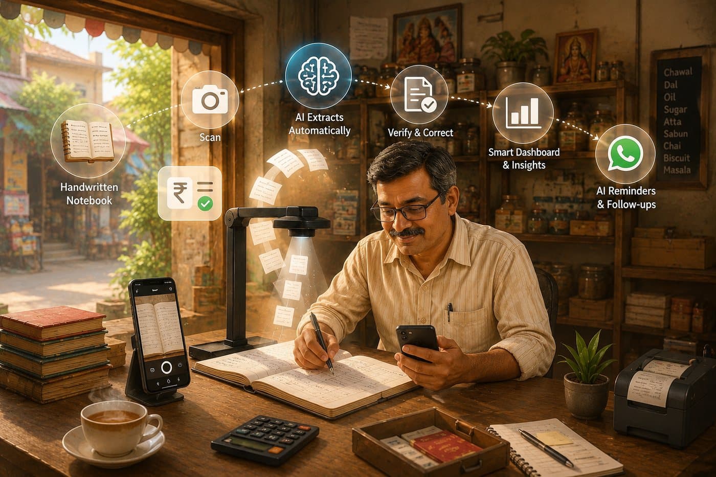 A shopkeeper writing in his credit notebook while UdhaarAI scans it — the workflow runs notebook, scan, AI extraction, verify, dashboard, WhatsApp reminders